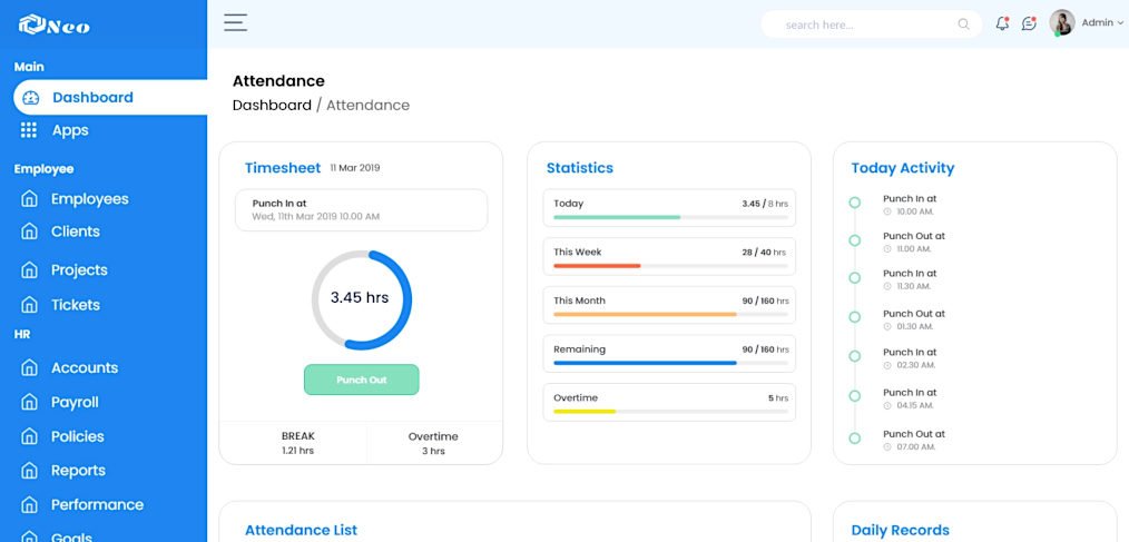 Dashboard attendance XD template